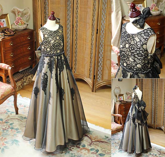 ピアノの入賞者記念コンサートドレス シャンパン ブラックレース 東京都