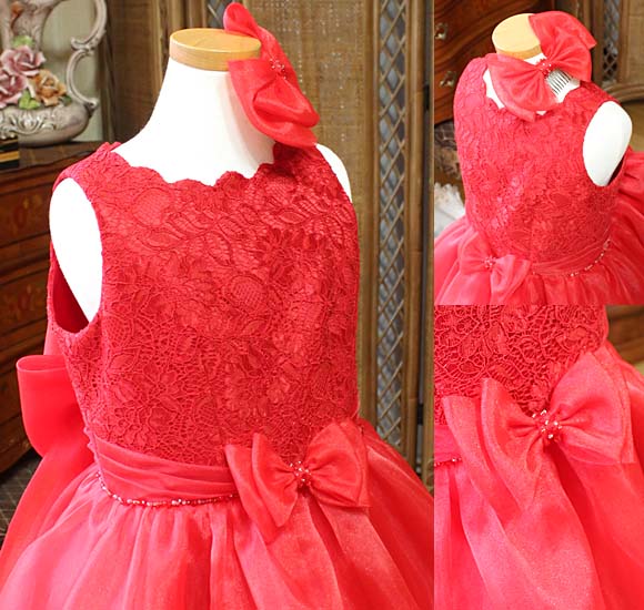 カットワーク ネックライン レッド リボン