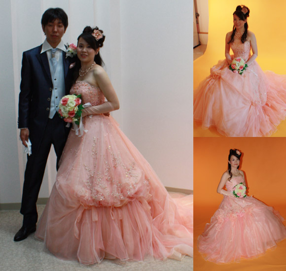 結婚式お色直しカクテルドレス サーモンピンク オーダーメイド 札幌市の花嫁ウェディングドレス